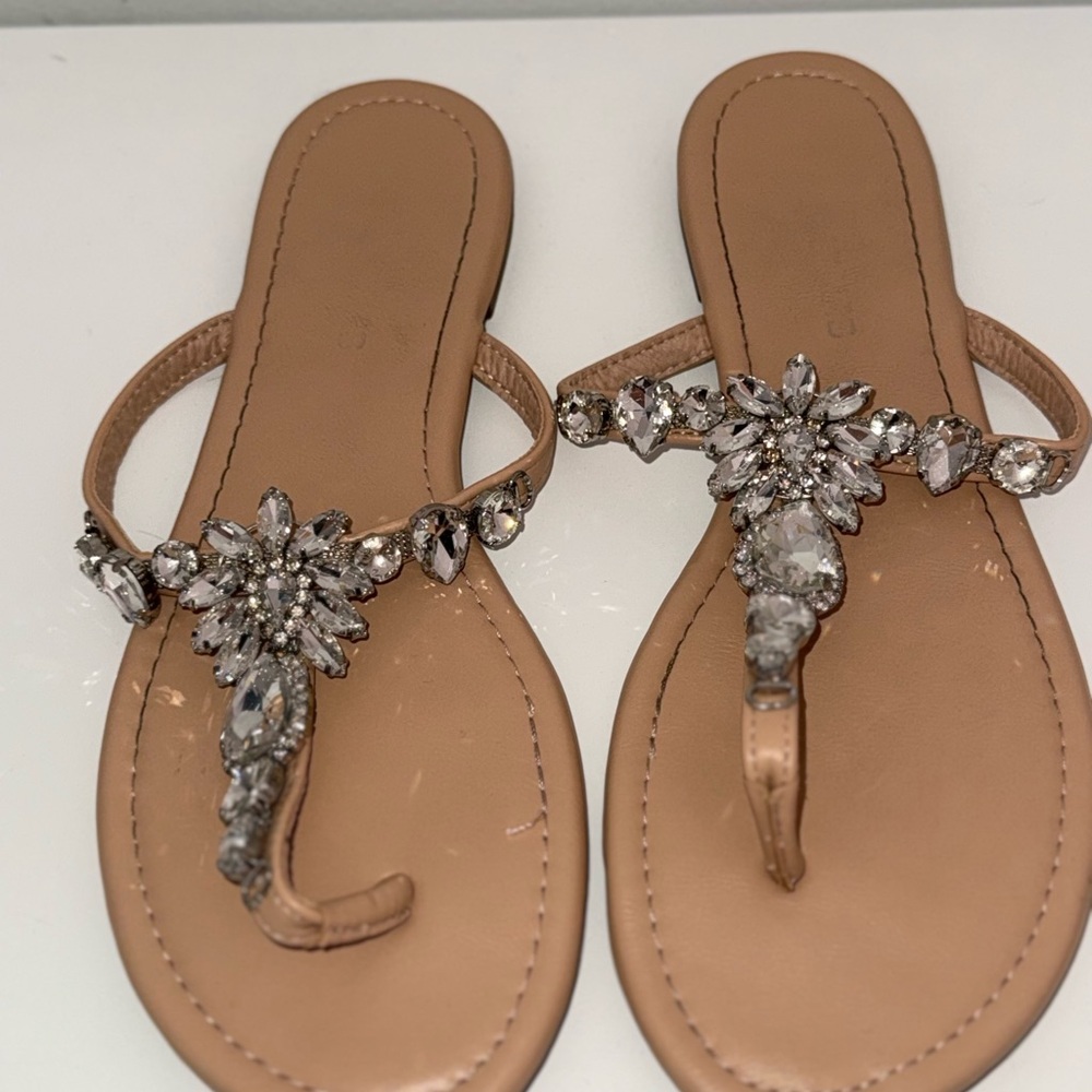 Embellished Tan Women's Jeweled Thong Sandals